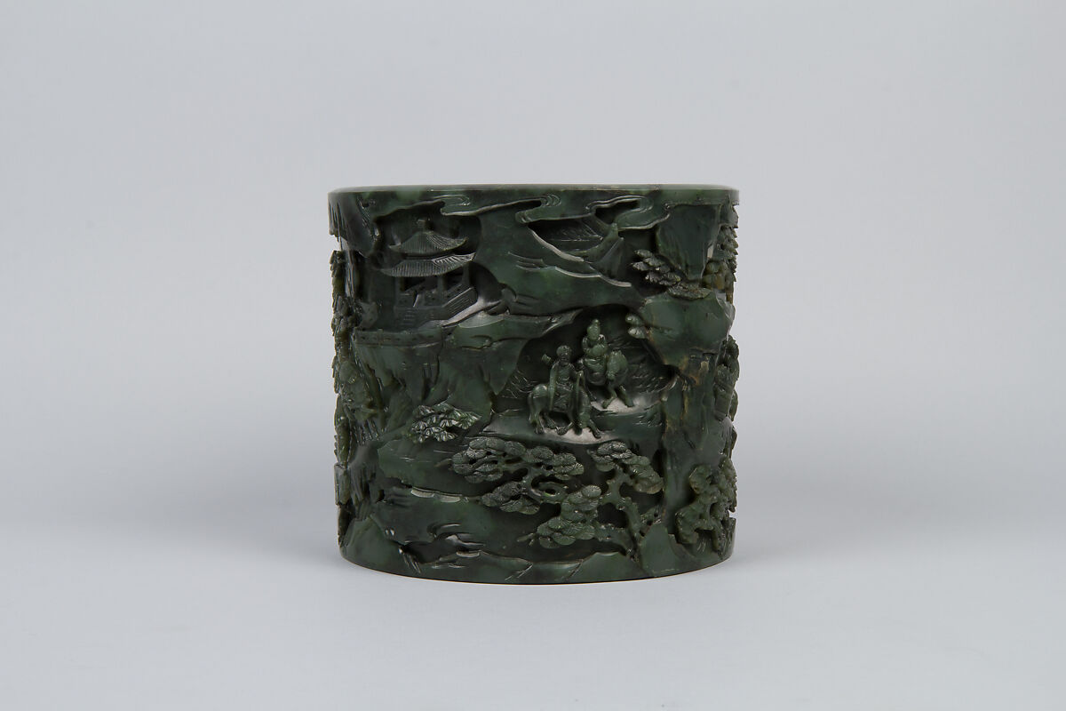 Brush holder with tribute scene, Jade (nephrite), China