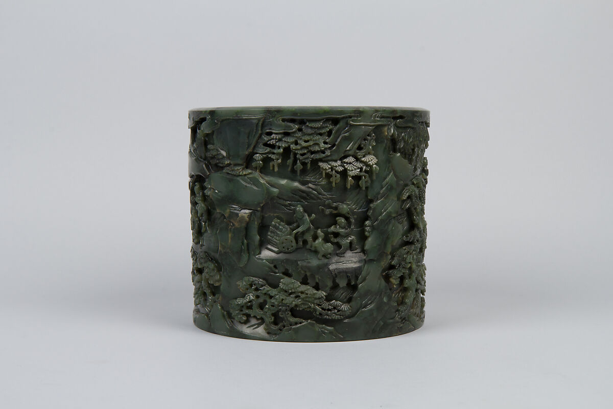Brush holder with tribute scene, Jade (nephrite), China