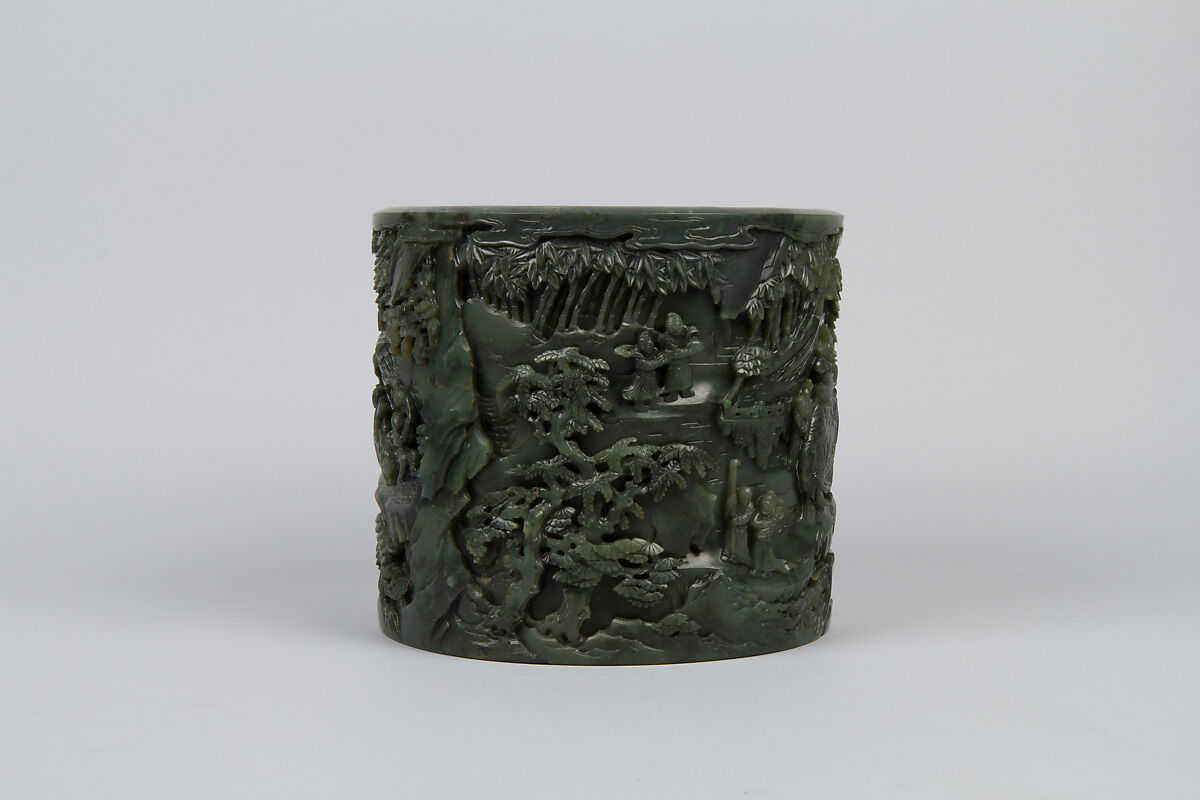 Brush holder with tribute scene, Jade (nephrite), China
