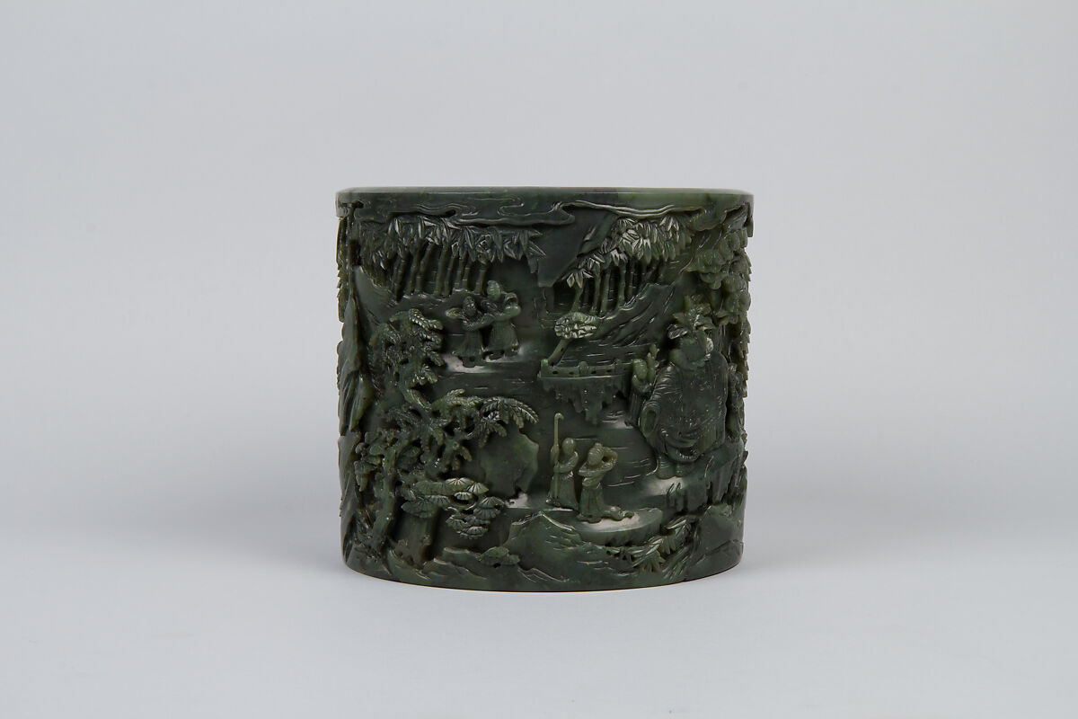 Brush holder with tribute scene, Jade (nephrite), China
