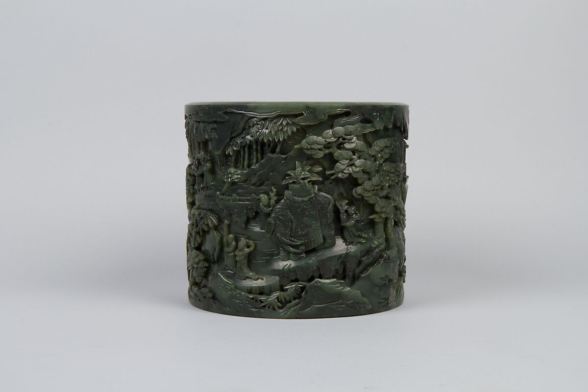 Brush holder with tribute scene, Jade (nephrite), China