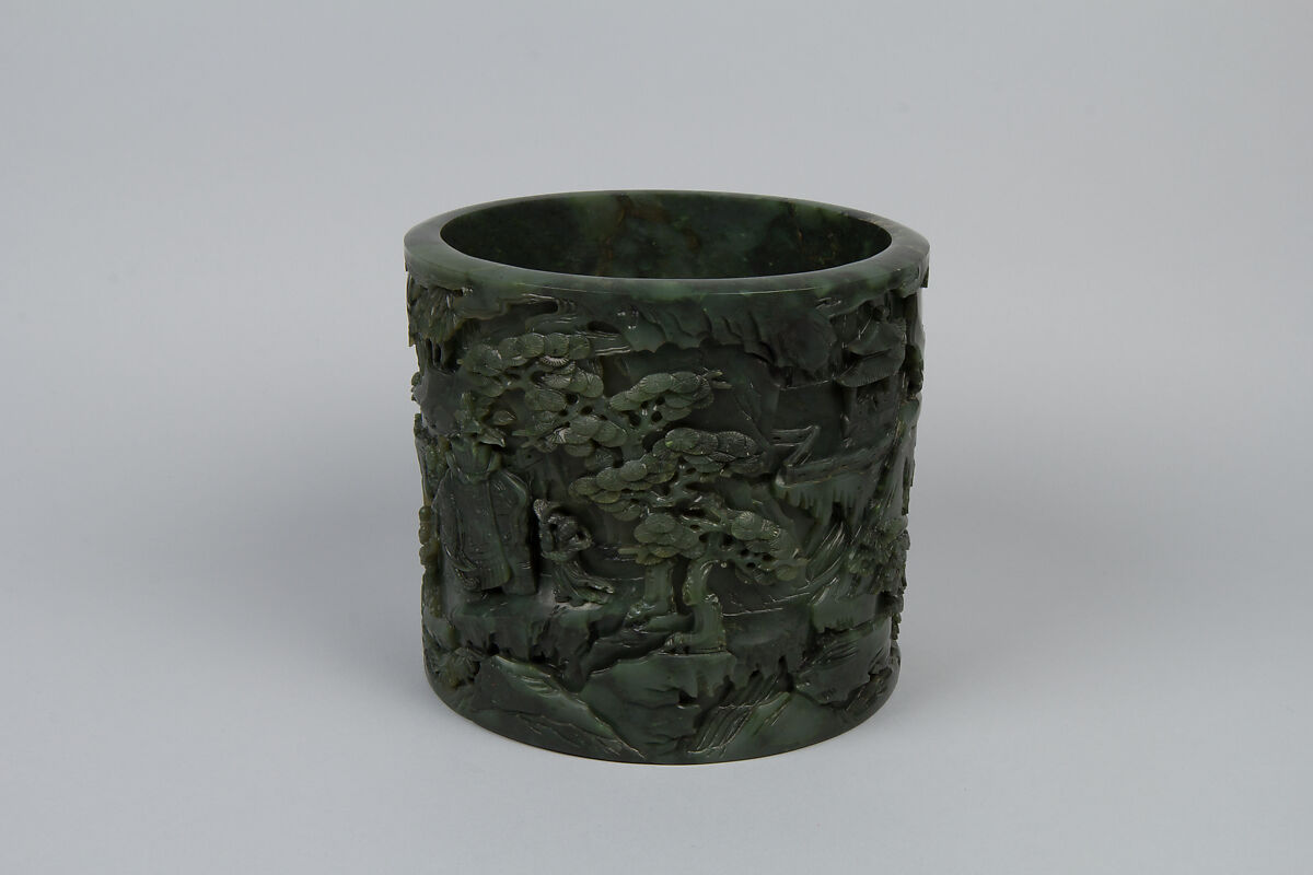 Brush holder with tribute scene, Jade (nephrite), China