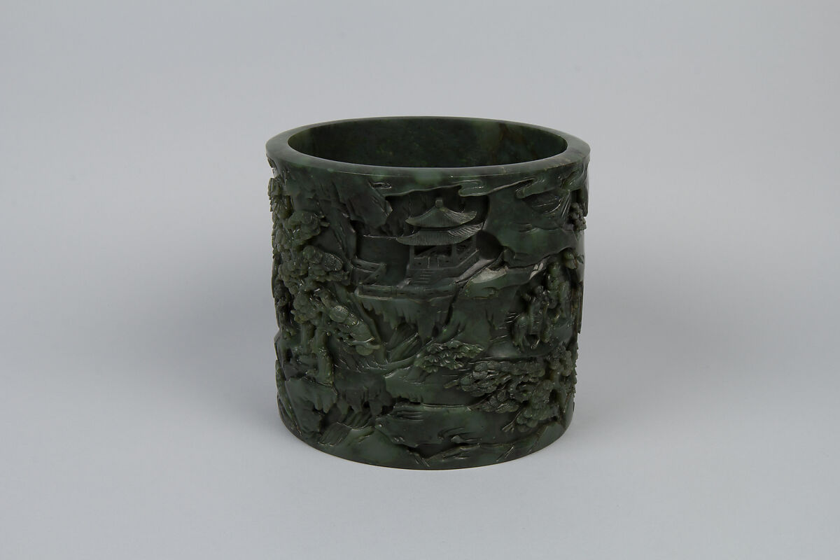 Brush holder with tribute scene, Jade (nephrite), China