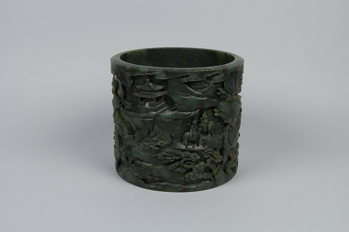 Brush holder with tribute scene, Jade (nephrite), China