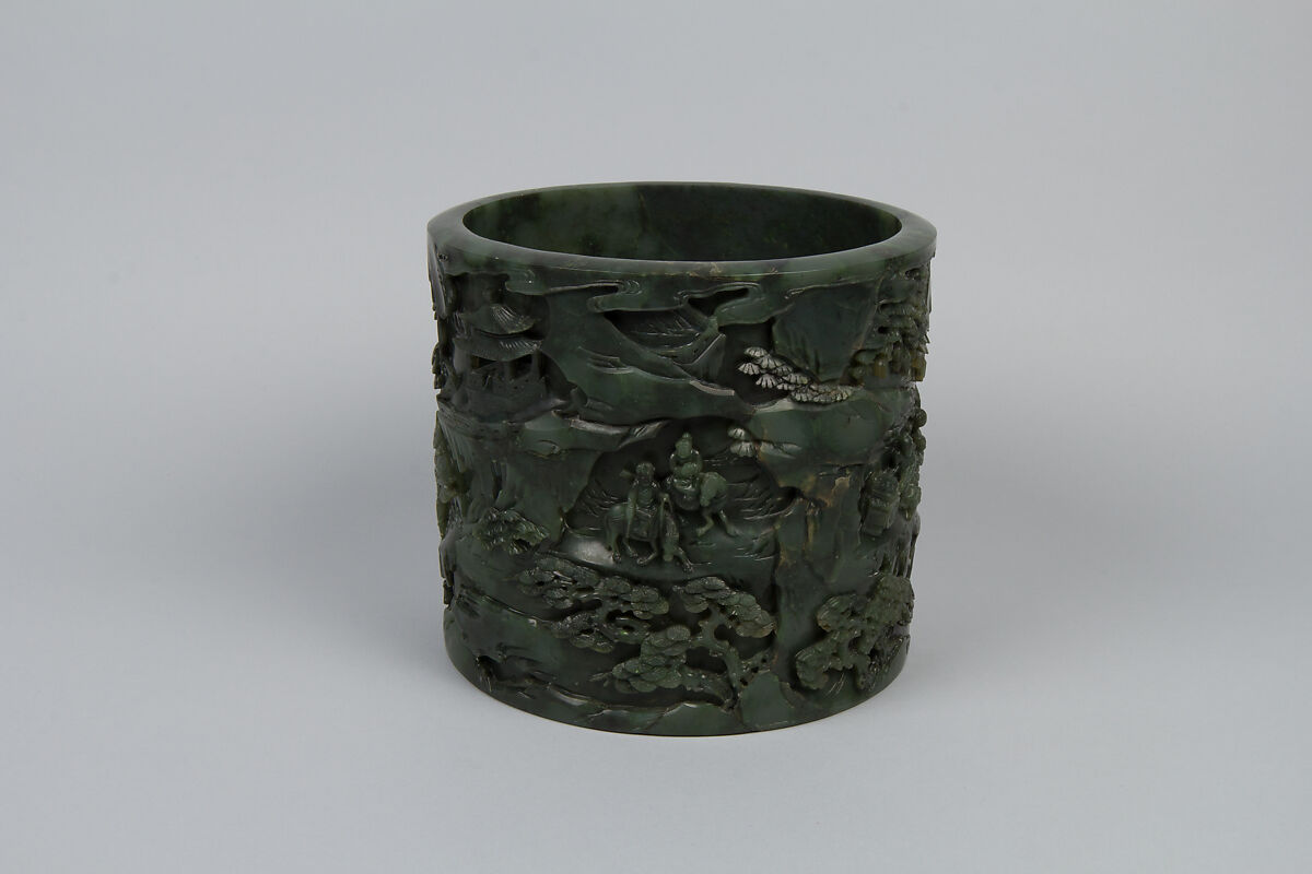 Brush holder with tribute scene, Jade (nephrite), China