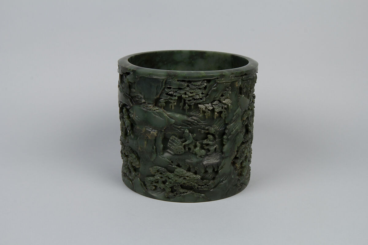 Brush holder with tribute scene, Jade (nephrite), China