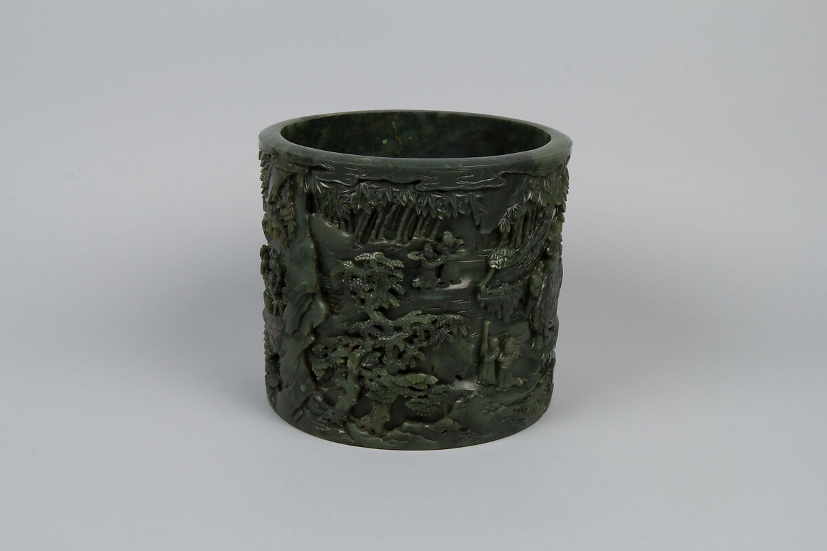 Brush holder with tribute scene, Jade (nephrite), China