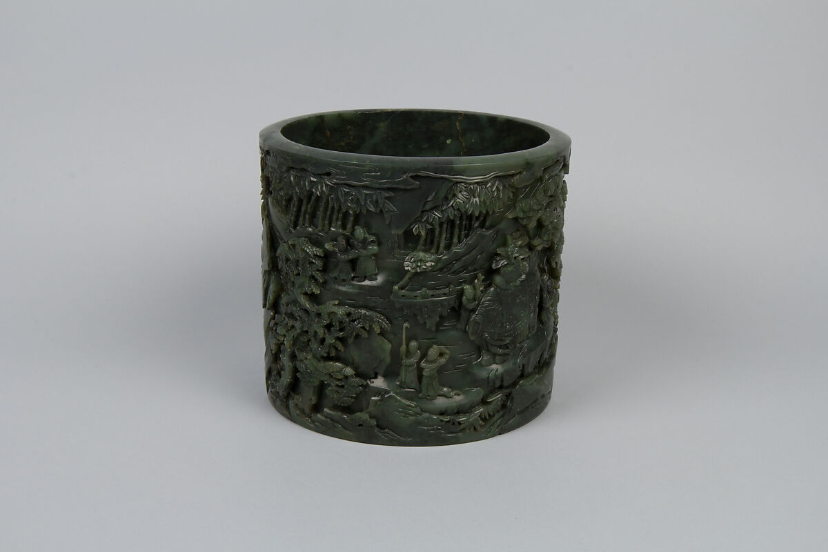 Brush holder with tribute scene, Jade (nephrite), China