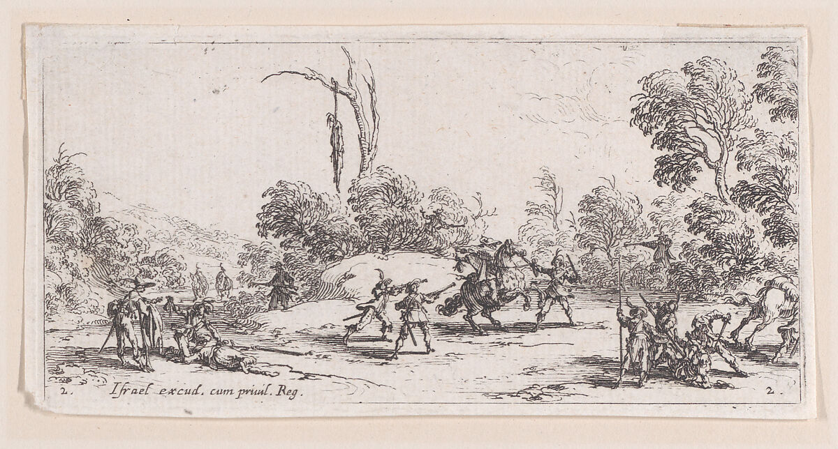 L'Attaque sur la Route estampe appelée aussi Vol Sur Les Grands Chemins (Attack on Route, also called Theft on the Great Road), plate 2 from "Les Petites Misères de la Guerre" (The Little Miseries of War), Jacques Callot (French, Nancy 1592–1635 Nancy), Etching; second state of two (Lieure) 