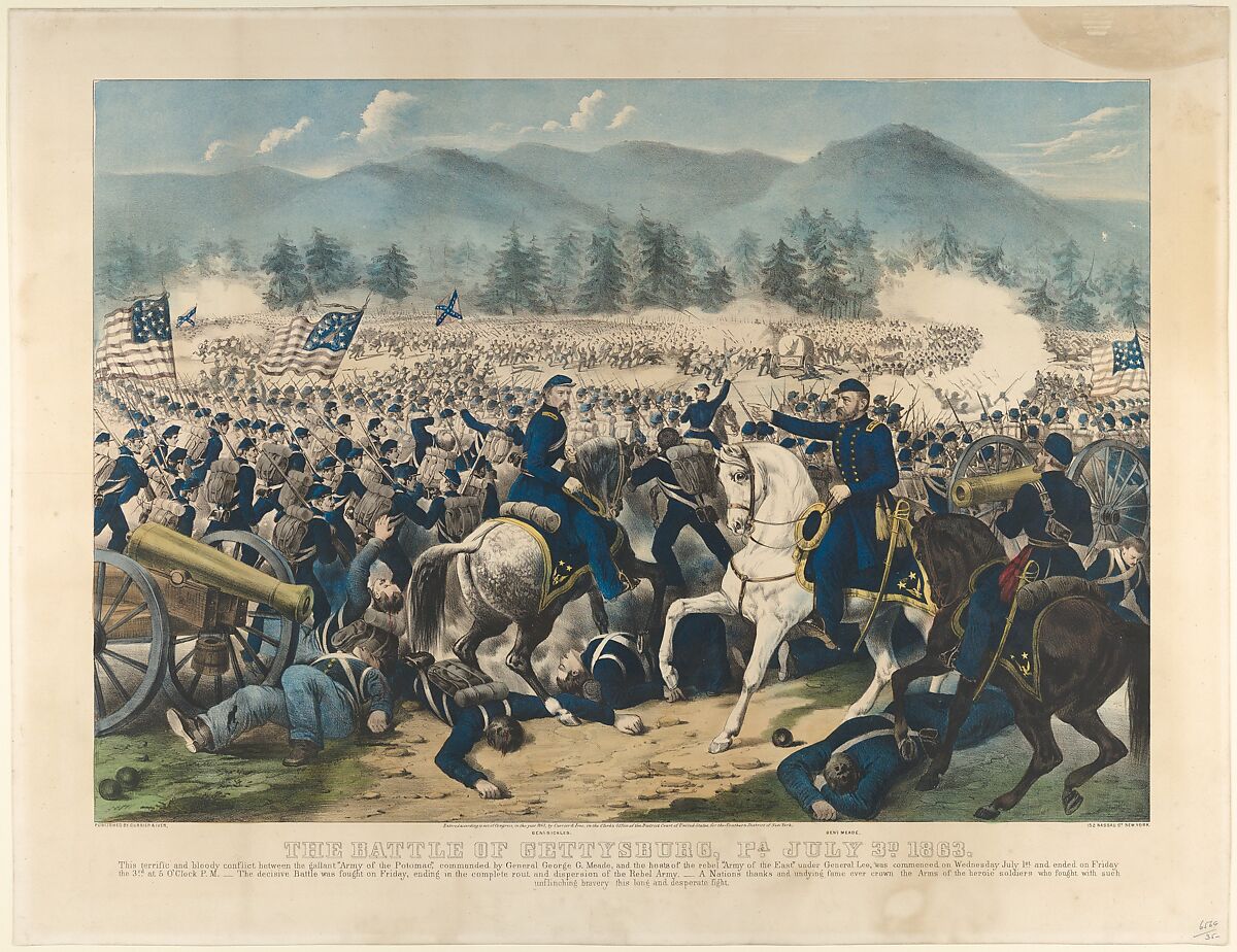 The Battle of Gettysburg, Pa., July 3rd, 1863, Currier &amp; Ives (American, active New York, 1857–1907), Hand-colored lithograph with blue tint stone 