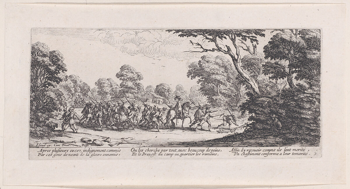 Découverte des Malfaiteurs (The Discovery of the Criminals), plate 9 from "Les Misères et les Mal-Heures de la Guerre" (The Miseries and Misfortunes of War), Jacques Callot (French, Nancy 1592–1635 Nancy), Etching; second state of three (Lieure) 
