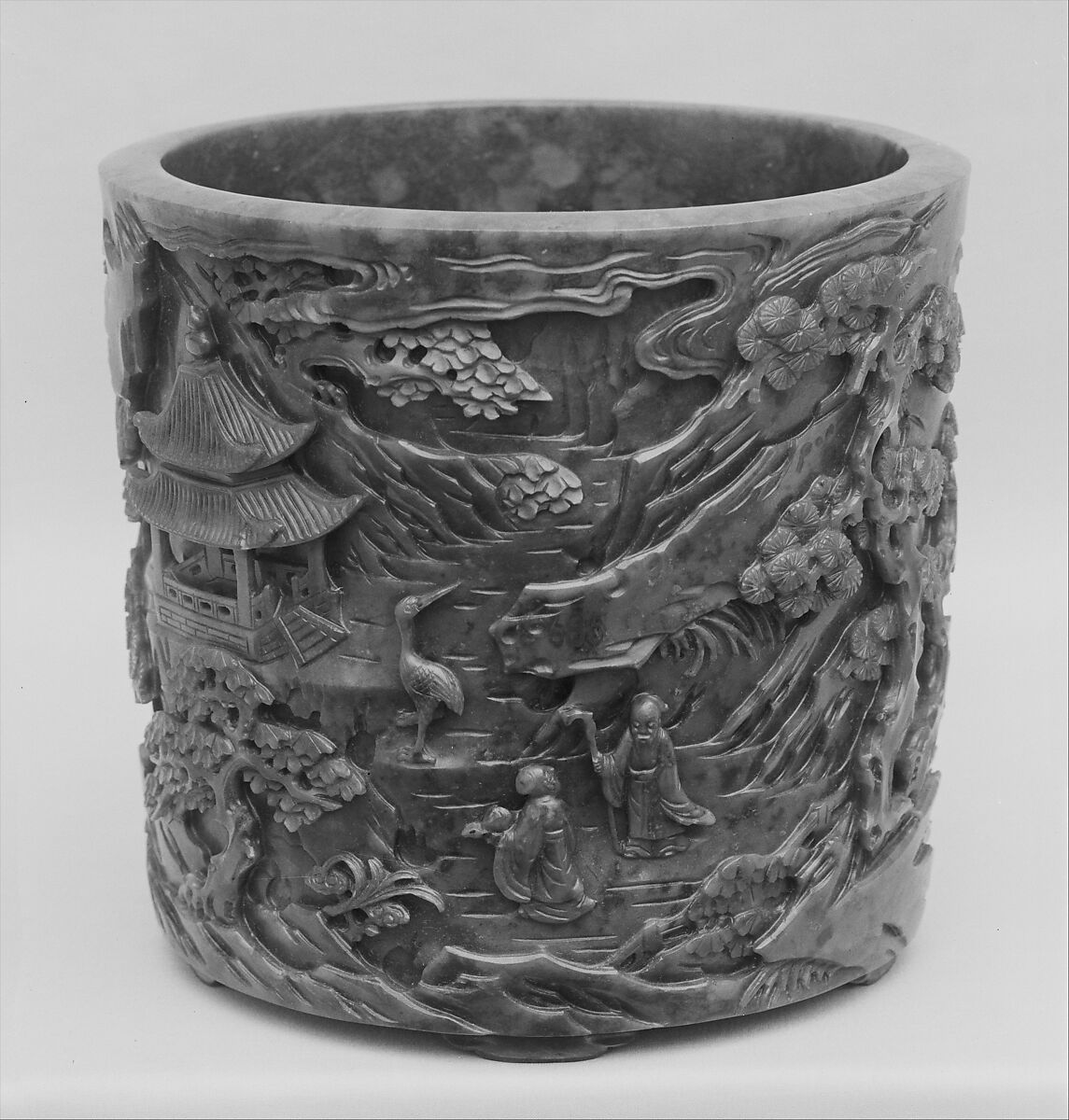 Brush pot with Daoist paradise

, Jade (nephrite), China