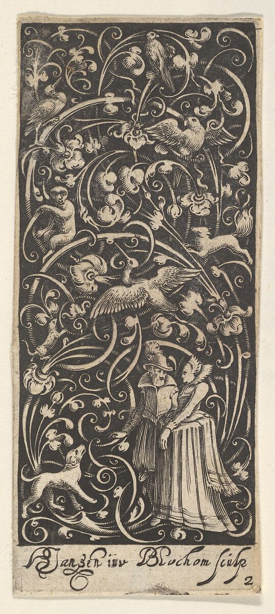 Vertical Panel with a Man and Woman, Hans Janssen (Dutch, 1605–after 1631), Blackwork and engraving 