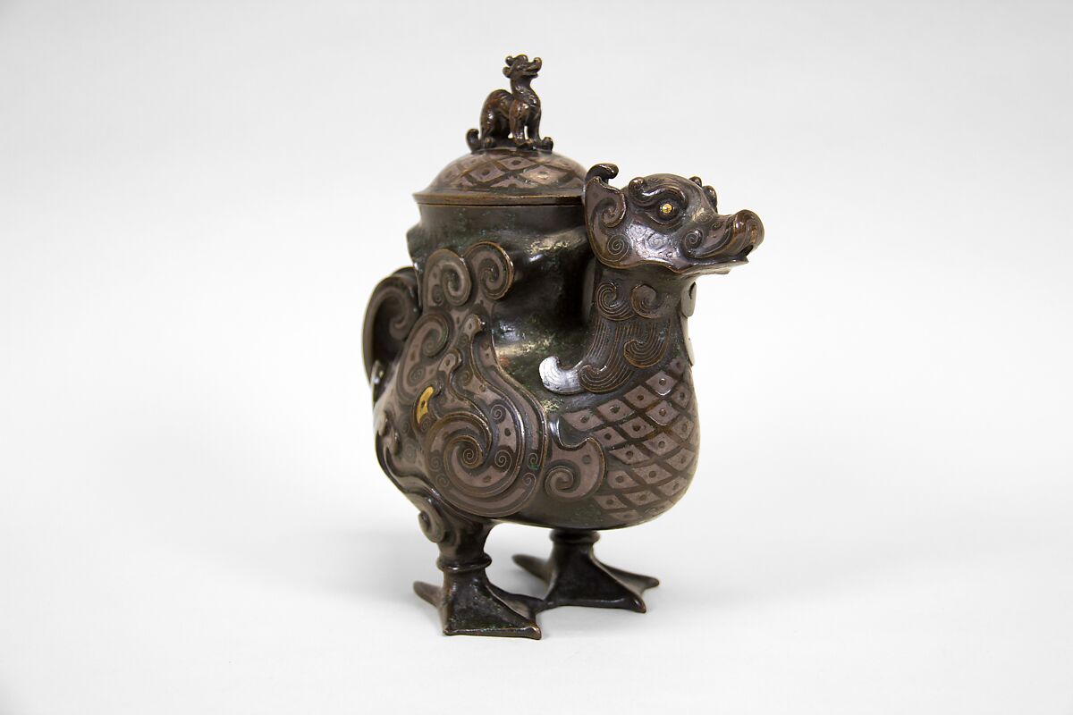 Ewer in the Shape of a Bird, Bronze with gold and silver inlays, China