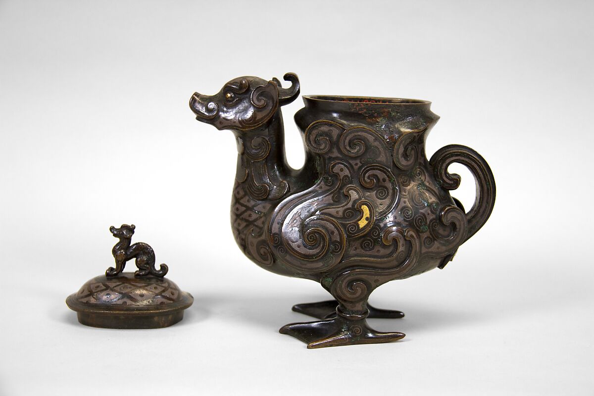 Ewer in the Shape of a Bird, Bronze with gold and silver inlays, China