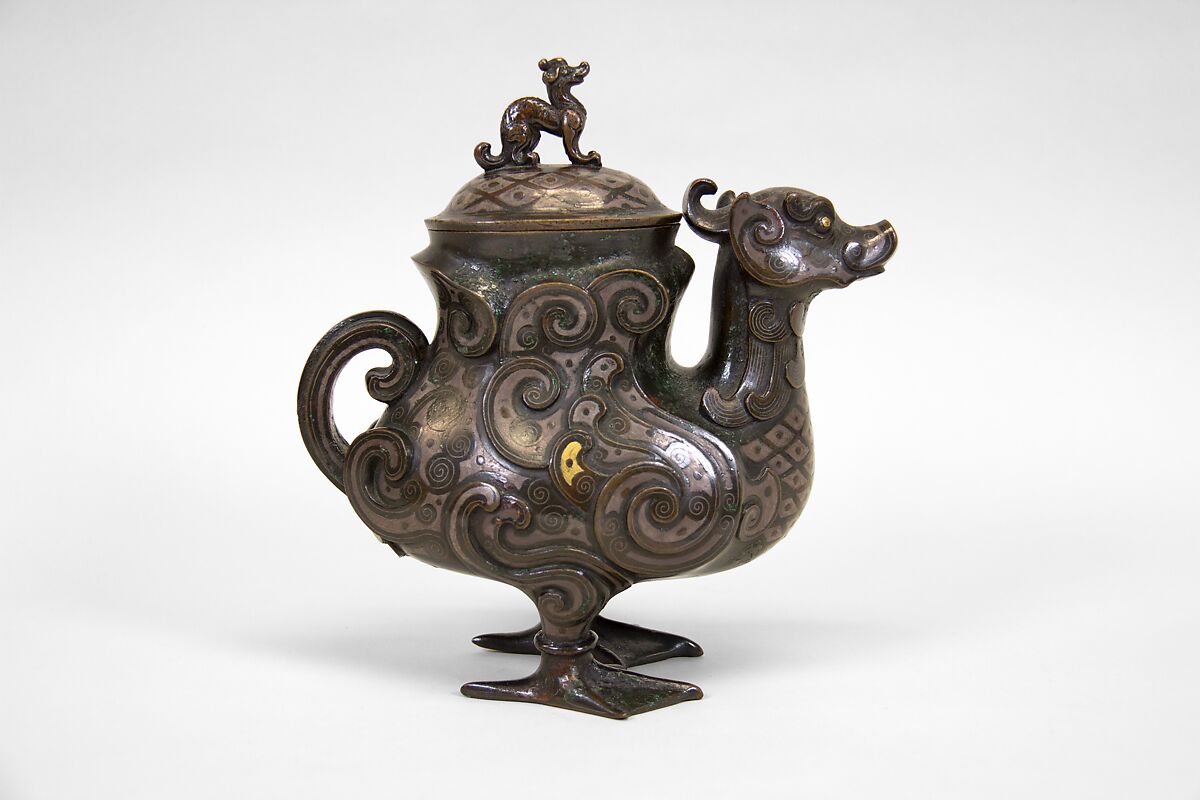 Ewer in the Shape of a Bird, Bronze with gold and silver inlays, China