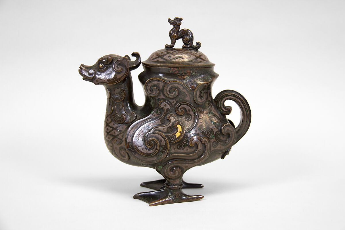 Ewer in the Shape of a Bird, Bronze with gold and silver inlays, China 