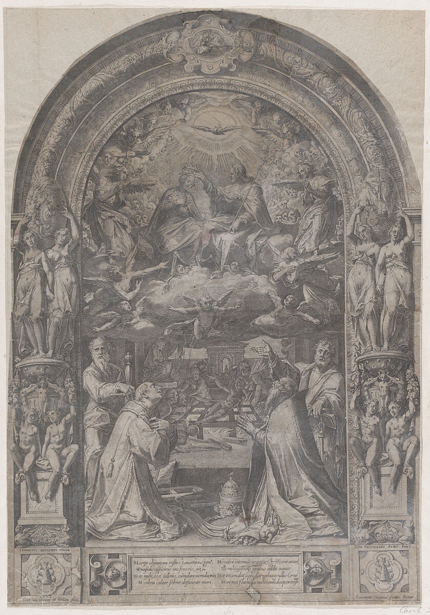The Coronation of the Virgin with St Lawrence, St Paul, St Peter and St Sixtus, Cornelis Cort (Netherlandish, Hoorn ca. 1533–1578 Rome), Engraving 