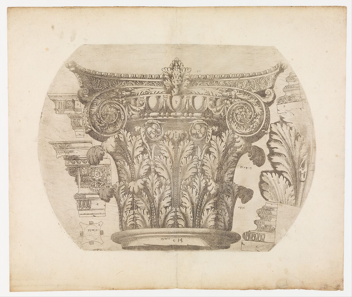 Capital in the Composite Order and Various Architectural Details, Hugues Sambin (French, Gray ca. 1520–1601 Dijon), Etching 