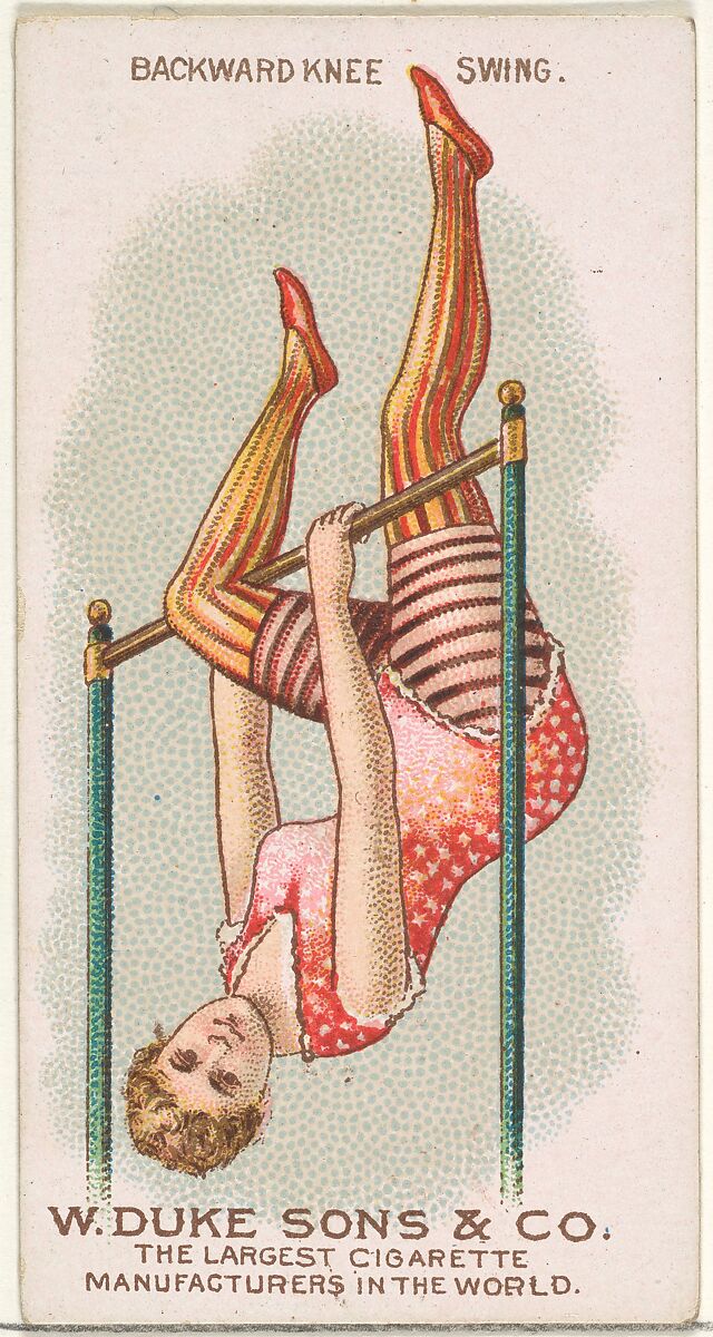 Backward Knee Swing, from the Gymnastic Exercises series (N77) for Duke brand cigarettes, Issued by W. Duke, Sons &amp; Co. (New York and Durham, N.C.), Commercial color lithograph 