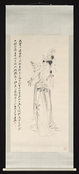 Yang Guifei with a Parrot, Chang Dai-chien (Zhang Daqian) (Chinese, 1899–1983), Hanging scroll; ink on old paper, China