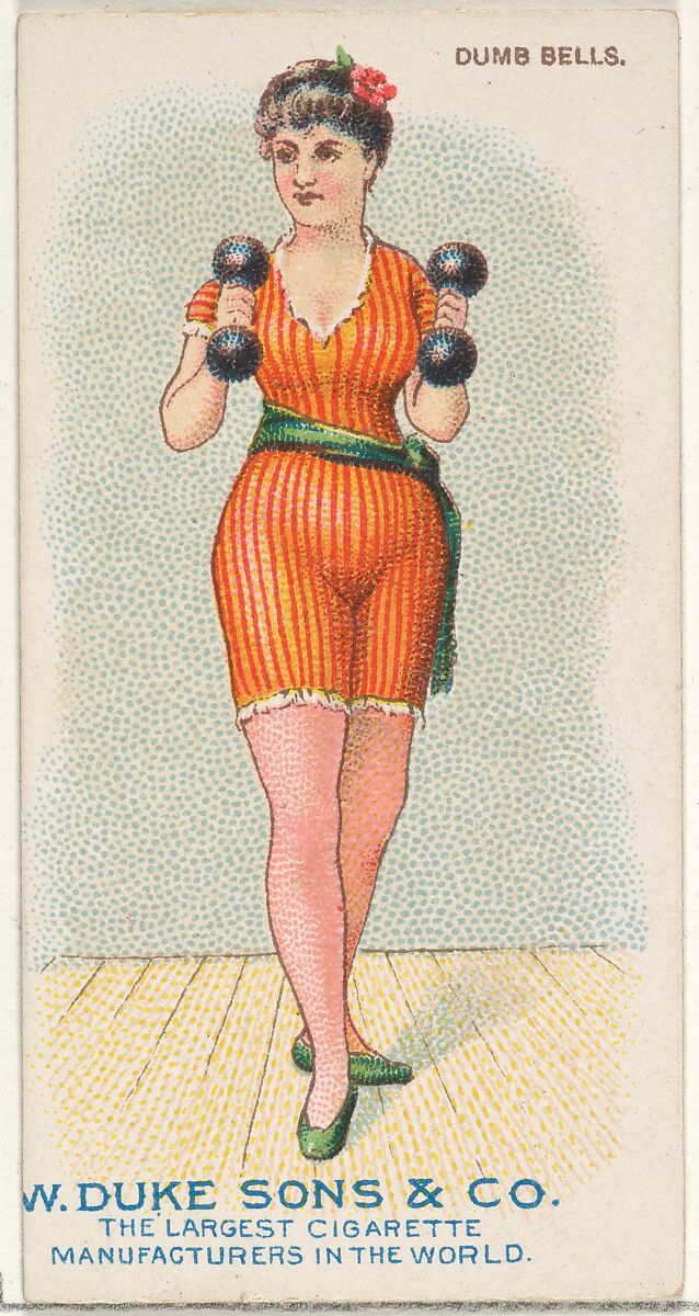 Dumb Bells, from the Gymnastic Exercises series (N77) for Duke brand cigarettes, Issued by W. Duke, Sons &amp; Co. (New York and Durham, N.C.), Commercial color lithograph