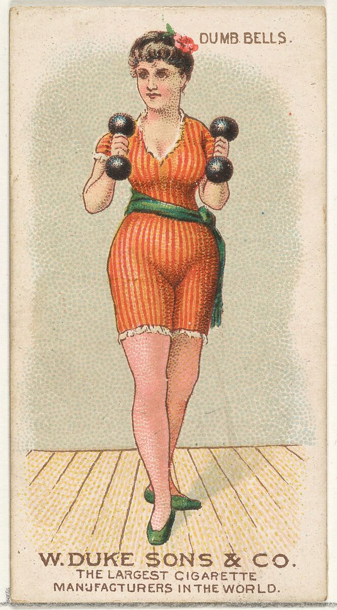 Dumb Bells, from the Gymnastic Exercises series (N77) for Duke brand cigarettes, Issued by W. Duke, Sons &amp; Co. (New York and Durham, N.C.), Commercial color lithograph 