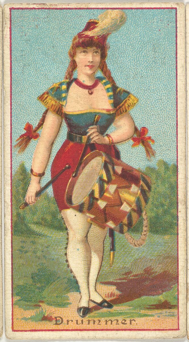Drummer, from the Occupations of Women series (N502) for Frishmuth's Tobacco Company, Issued by Frishmuth&#39;s Tobacco Company (American)  , Philadelphia, Commercial color lithograph 