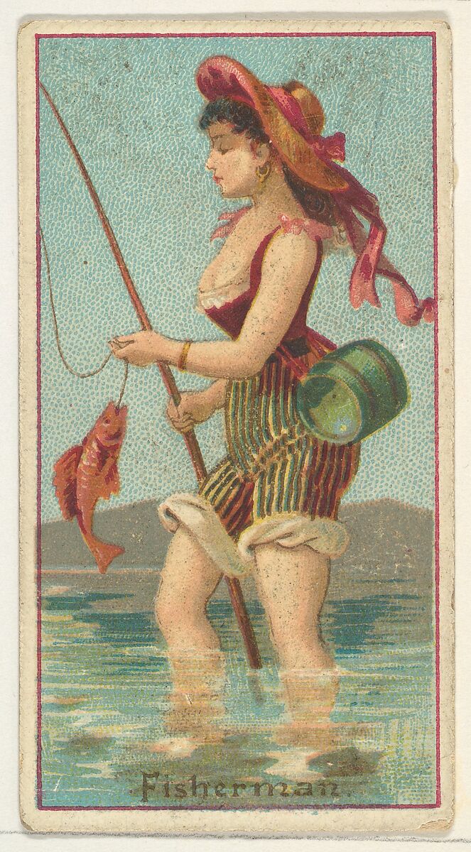 Fisherman, from the Occupations of Women series (N502) for Frishmuth's Tobacco Company, Issued by Frishmuth&#39;s Tobacco Company (American)  , Philadelphia, Commercial color lithograph 
