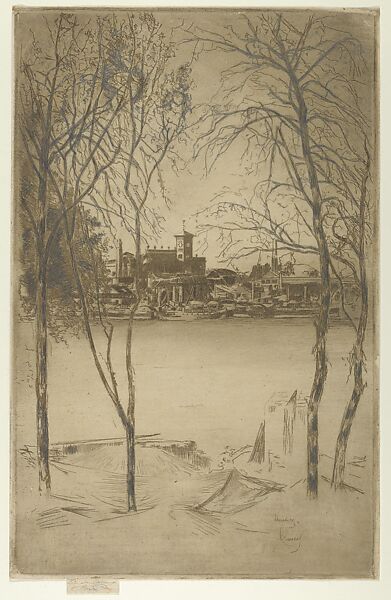 Laburnums and Battersea, Théodore Roussel (French, Lorient, Brittany 1847–1926 St. Leonards-on-Sea, Sussex), Etching and drypoint with pencil additions; second state of five. 