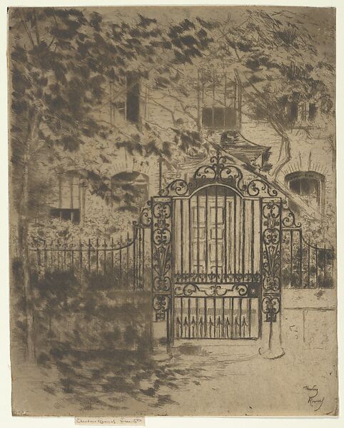 The Gate. Chelsea, Théodore Roussel (French, Lorient, Brittany 1847–1926 St. Leonards-on-Sea, Sussex), Etching and drypoint; fourth state of four 