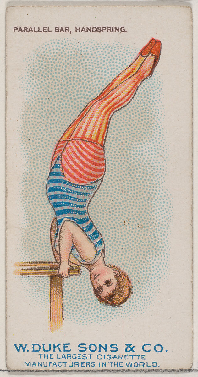 Parallel Bar, Handspring, from the Gymnastic Exercises series (N77) for Duke brand cigarettes, Issued by W. Duke, Sons &amp; Co. (New York and Durham, N.C.), Commercial color lithograph 