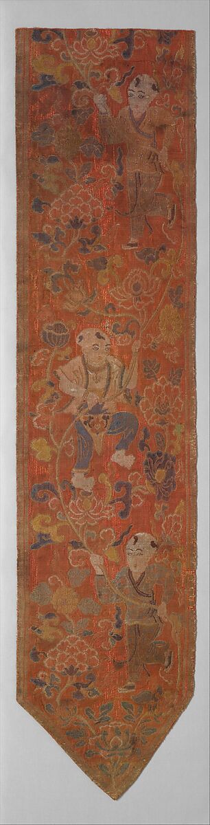 Vertical pendant with boys holding a lotus scroll, Complex gauze with silk and metal thread weft patterning, China 