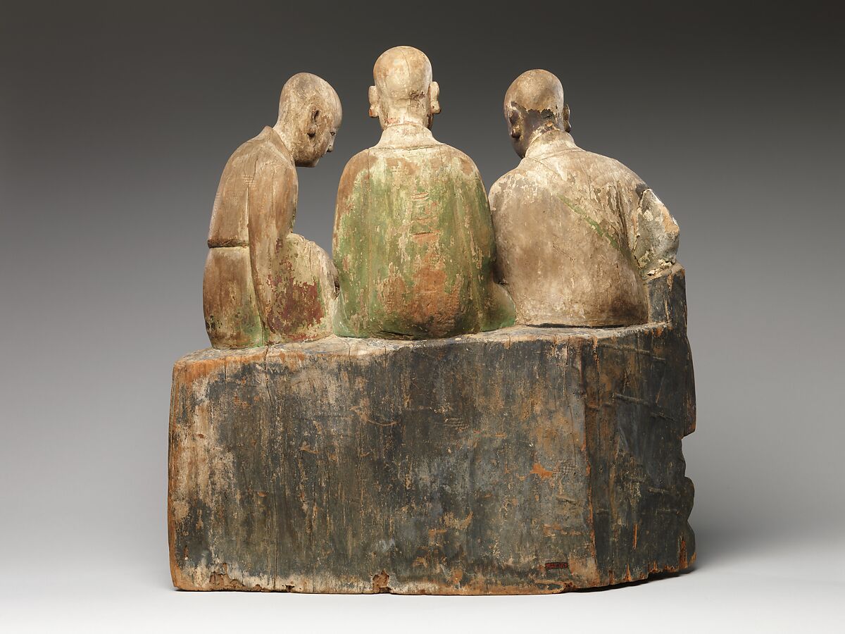 Three seated luohans, Willow wood with traces of pigment and gilding, China
