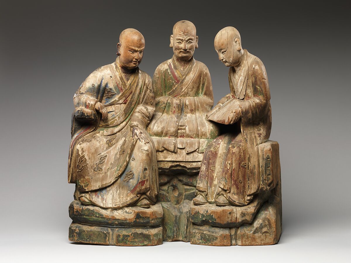 Three seated luohans, Willow wood with traces of pigment and gilding, China 