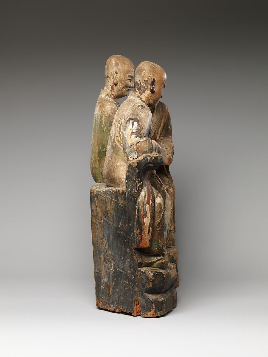 Three seated luohans, Willow wood with traces of pigment and gilding, China