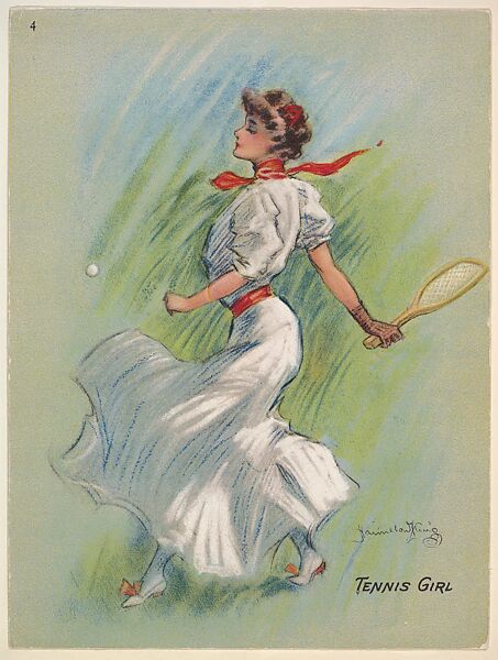 Tennis Girl, from the series "Hamilton King Girls" (T7, Type 6, Sports Girls), issued by Turkish Trophies Cigarettes, Hamilton King (American, 1871–1941), Commercial color lithograph 