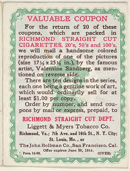 Original coupon included with each card from the series "Artistic Pictures" (T32), issued by Liggett & Myers Tobacco Company to promote Richmond Straight Cut Cigarettes, Valentine Sandberg, Commercial color lithograph 