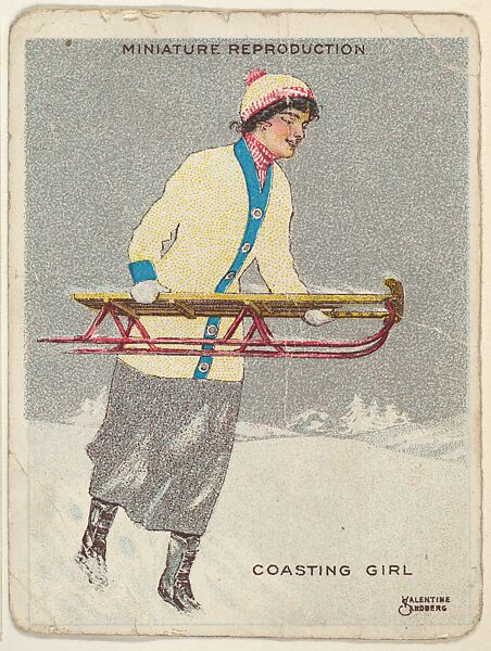 Card 317, Coasting Girl, from the series "Artistic Pictures" (T32), issued by Liggett & Myers Tobacco Company to promote Richmond Straight Cut Cigarettes, Valentine Sandberg, Commercial color lithograph 