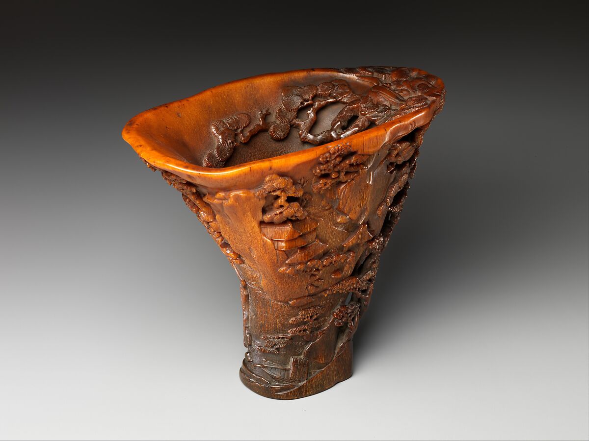 Cup with figures in a landscape, Rhinoceros horn, China