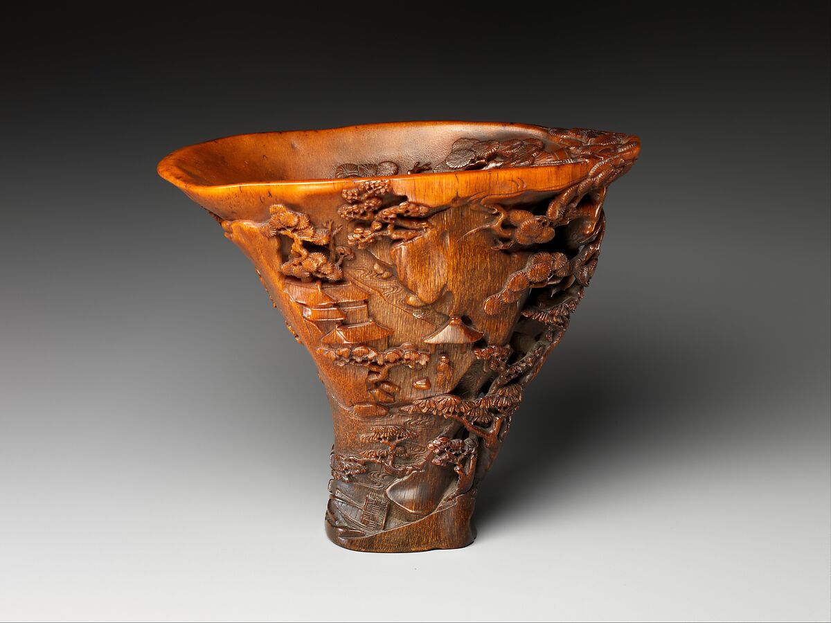 Cup with figures in a landscape, Rhinoceros horn, China 