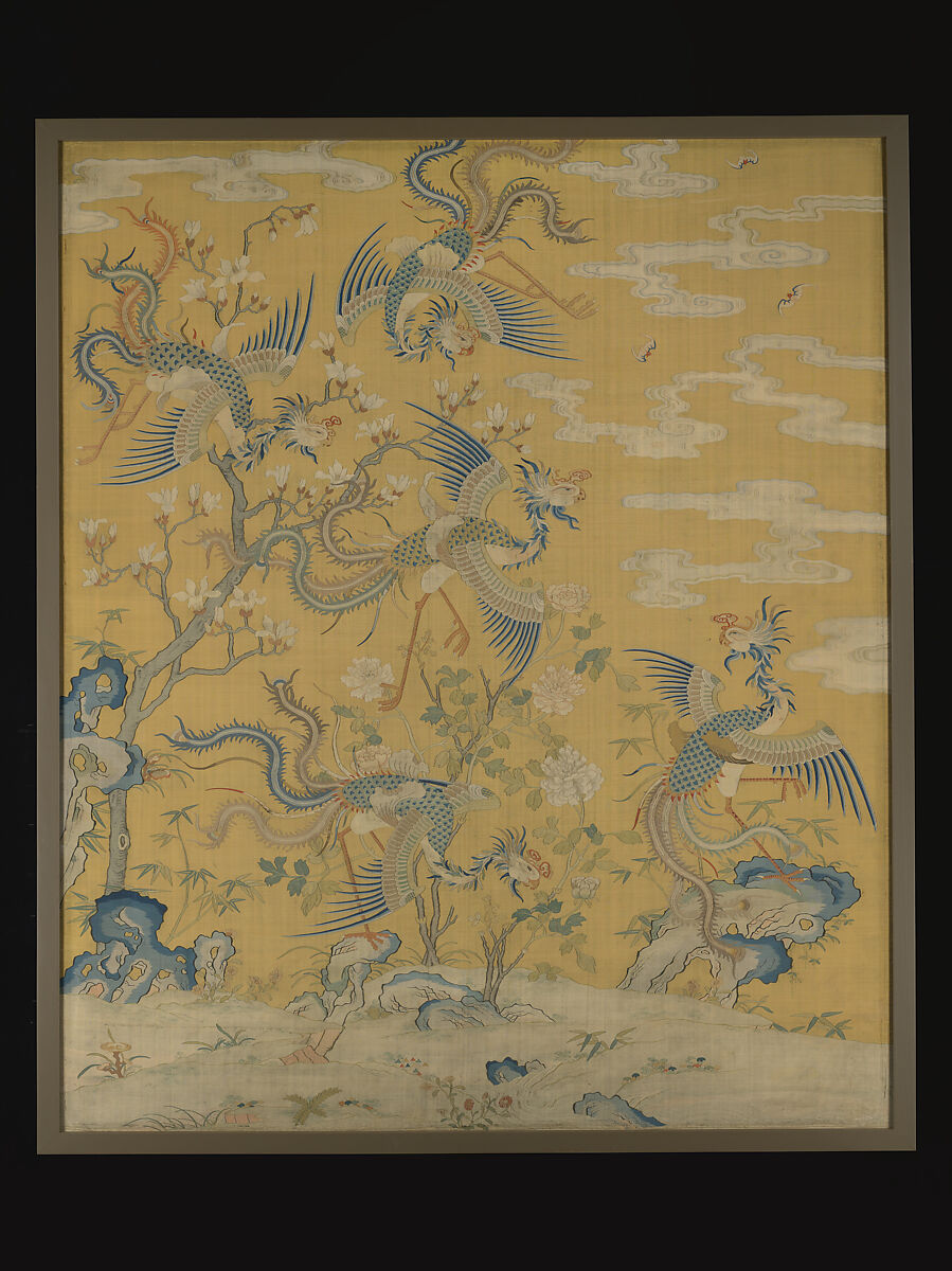 Panel with five phoenixes in a garden, Silk tapestry (kesi), China