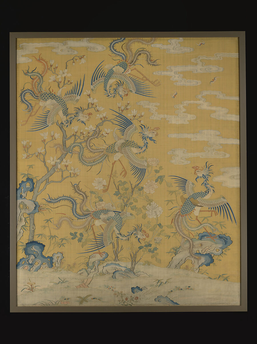 Panel with five phoenixes in a garden, Silk tapestry (kesi), China 