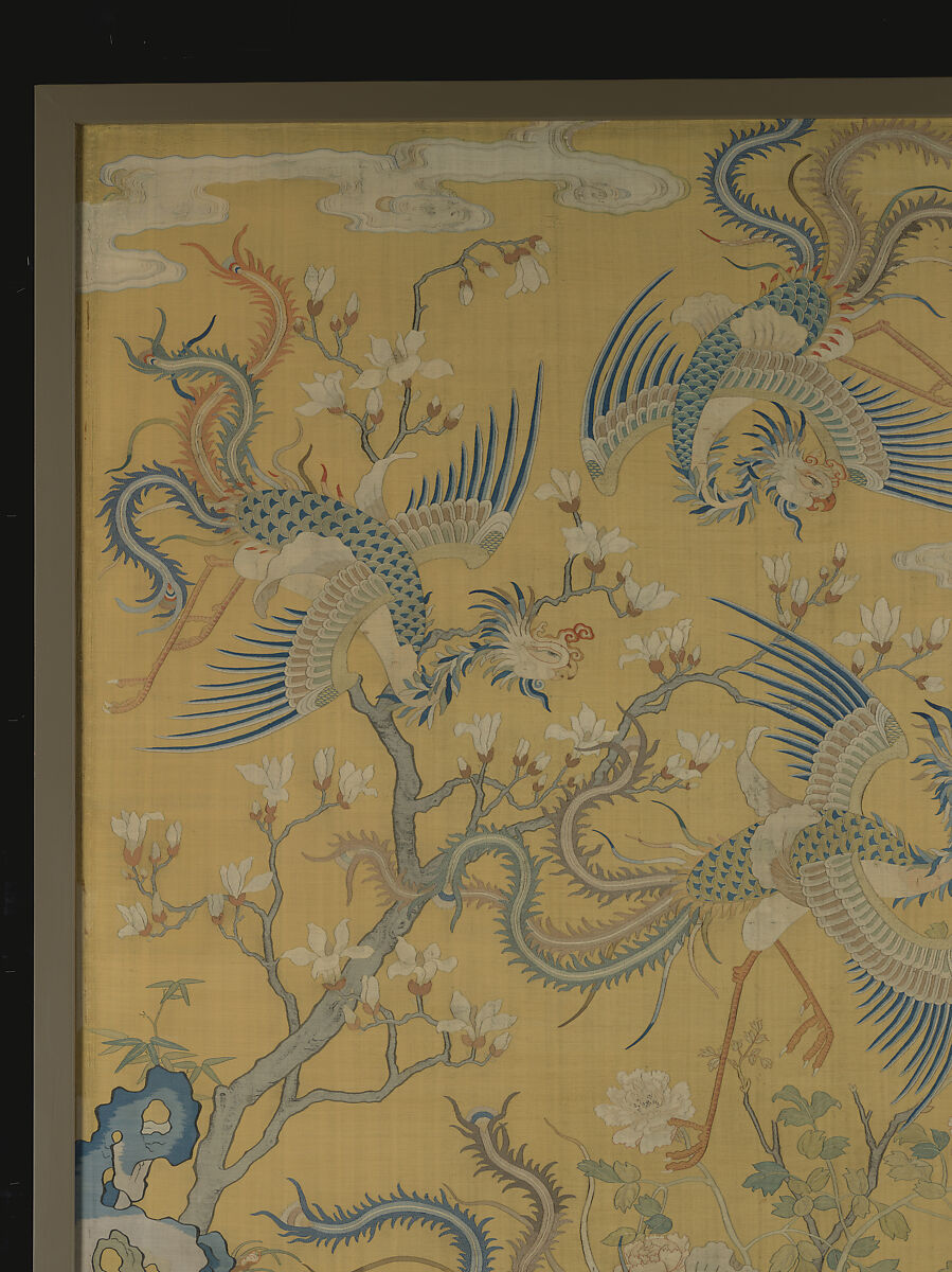 Panel with five phoenixes in a garden, Silk tapestry (kesi), China