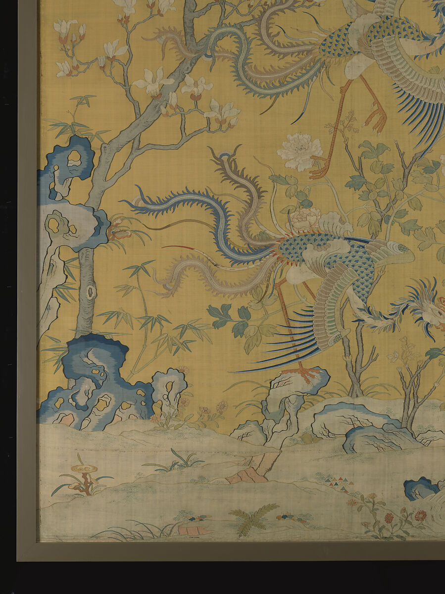 Panel with five phoenixes in a garden, Silk tapestry (kesi), China