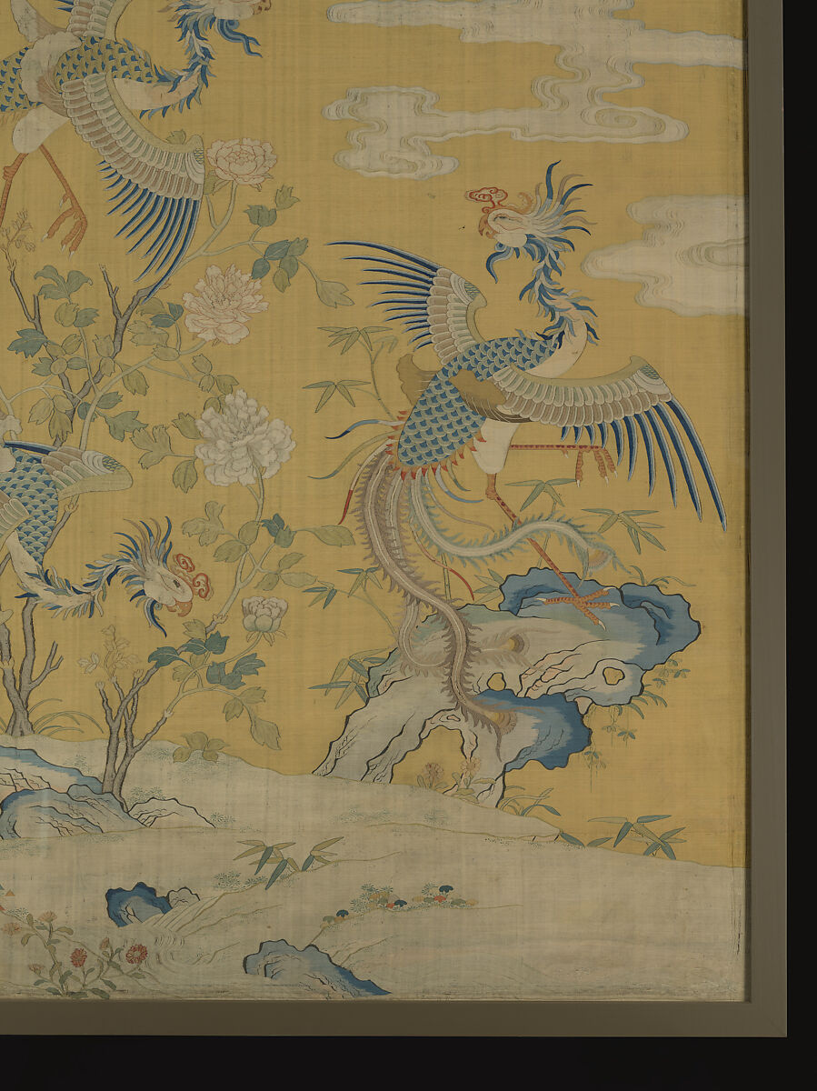 Panel with five phoenixes in a garden, Silk tapestry (kesi), China