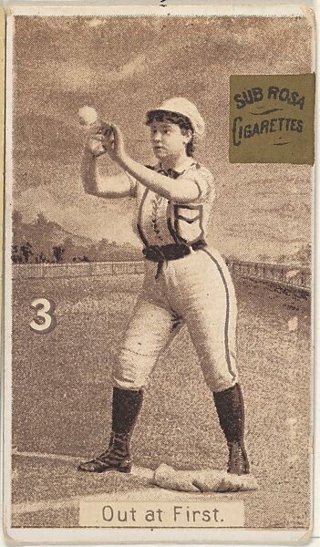 Card 3, Out at First, from the series "Women Baseball Players" (N508), issued by Pacholder Tobacco to promote Sub Rosa Cigarettes, Issued by Pacholder Tobacco, Photolithograph 