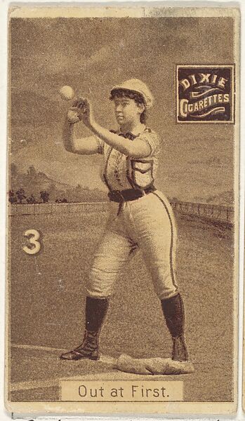 Card 3, Out at First, from the series "Women Baseball Players" (N508), issued by Pacholder Tobacco to promote Dixie Cigarettes, Issued by Pacholder Tobacco, Photolithograph 