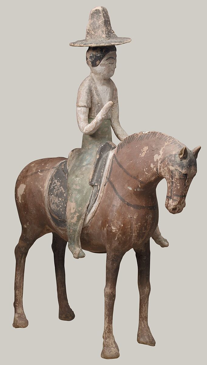 Horse and Female Rider, Unfired clay with pigment, China 