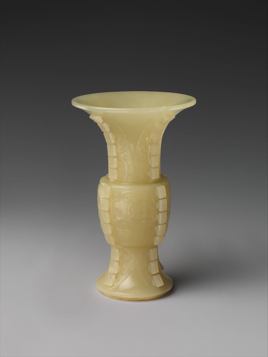 Miniature vase in the shape of an ancient ritual vessel (gu), Jade (nephrite), China